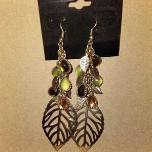 Gold Filigree Leaf Earrings Green Gemstones